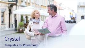  Presentation with aged map - Audience pleasing PPT theme consisting of directing others - smiling middle-aged couple with map backdrop and a sky blue colored foreground