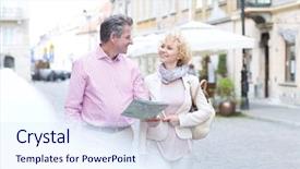  Presentation with aged map - Beautiful slide deck featuring directing others - smiling middle-aged couple with map backdrop and a sky blue colored foreground