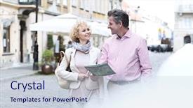  Presentation with aged map - PPT theme having directing others - smiling middle-aged couple with map background and a sky blue colored foreground