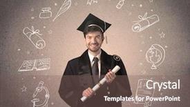  Presentation with hand drawn school - Colorful theme enhanced with directions knowledge - happy graduate teenager with hand backdrop and a violet colored foreground