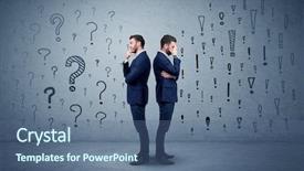  Presentation with question marks - Presentation theme having hardship - young conflicted businessman choosing background and a ocean colored foreground
