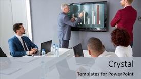  Presentation with director - PPT layouts enhanced with director analyzing statistics at meeting background and a light gray colored foreground