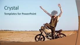  Presentation with dirt bike - Amazing PPT theme having dirt bike - man making dust standing near backdrop and a sky blue colored foreground