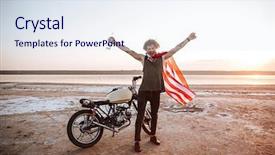  Presentation with 3d figure american flag - PPT theme with dirt bike - smiling brutal man in american background and a sky blue colored foreground