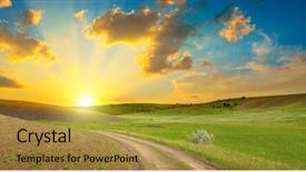  Presentation with sky blue - Audience pleasing presentation design consisting of dirt road on panoramic agricultural backdrop and a gold colored foreground