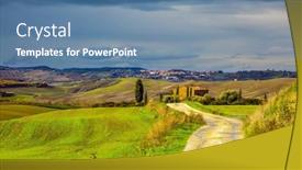  Presentation with green farms - Audience pleasing presentation design consisting of dirt-road-runs-through backdrop and a teal colored foreground