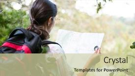  Presentation with map - Presentation design having dirt track racing - female hiker looking at map background and a  colored foreground