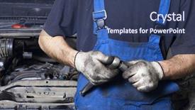  Presentation with auto - Audience pleasing presentation theme consisting of dirty hands - auto mechanic in uniform holding backdrop and a ocean colored foreground