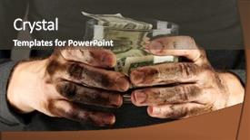  Presentation with homeless - Colorful slides enhanced with dirty hands - homeless holds bank with money backdrop and a  colored foreground