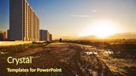  Presentation with sun rising over north america - Slide deck featuring dirty roads - red sunset over the building background and a  colored foreground