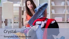  Presentation with laundry service - Colorful slide deck enhanced with dirty towel - stressed woman doing laundry backdrop and a light blue colored foreground