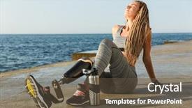  Presentation with prosthetic leg - Presentation design with disability athletics - satisfied disabled athlete woman background and a  colored foreground