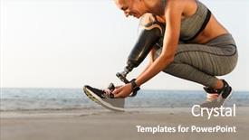  Presentation with prosthetic leg - Beautiful PPT layouts featuring disability athletics - smiling disabled athlete woman backdrop and a gray colored foreground