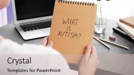  Presentation with words - Amazing PPT layouts having disability awareness - woman holding notebook with written backdrop and a soft green colored foreground