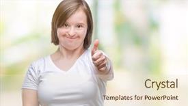  Presentation with success - Colorful theme enhanced with disability rights - young adult woman with down backdrop and a  colored foreground