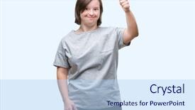  Presentation with success - Theme having disability rights - young adult woman with down background and a  colored foreground