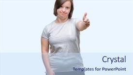  Presentation with young - Beautiful PPT theme featuring disability rights - young adult woman with down backdrop and a  colored foreground