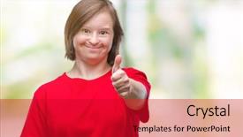  Presentation with down syndrome children disability school - Colorful PPT theme enhanced with disability rights - young adult woman with down backdrop and a  colored foreground
