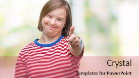  Presentation with success - Slides enhanced with disability rights - young adult woman with down background and a  colored foreground