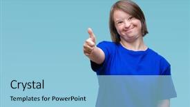  Presentation with down syndrome children disability school - PPT theme featuring disability rights - young adult woman with down background and a  colored foreground
