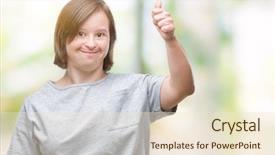  Presentation with woman rights - PPT theme featuring disability rights - young adult woman with down background and a  colored foreground