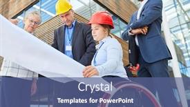  Presentation with team planning - Presentation theme having disabled-architect-in-a-wheelchair background and a ocean colored foreground