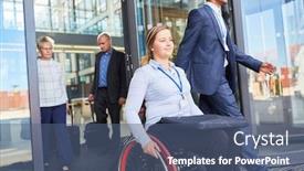  Presentation with wheelchair - Presentation theme enhanced with disabled-businesswoman-in-a-wheelchair background and a ocean colored foreground