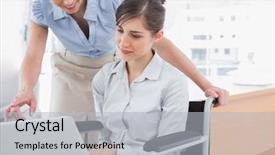  Presentation with disabled people - Theme consisting of disabled businesswoman showing co worker background and a light gray colored foreground
