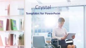  Presentation with flare - PPT theme with disabled businesswoman using digital tablet on at office with lens flare in background background and a sky blue colored foreground