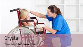  Presentation with disabled child - PPT theme featuring disabled child - caring medical worker comforting little background and a coral colored foreground