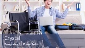  Presentation with online travel - PPT theme having disabled man booking travel online background and a ocean colored foreground