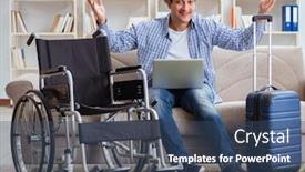  Presentation with online travel - PPT layouts consisting of disabled-man-booking-travel-online background and a ocean colored foreground