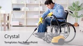  Presentation with disabled people - Slide set consisting of disabled man cleaning home background and a light gray colored foreground