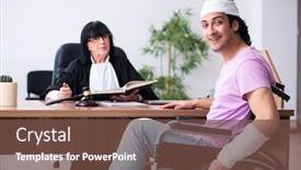  Presentation with litigation - PPT theme consisting of disabled man consulting judge for damages litigation background and a tawny brown colored foreground