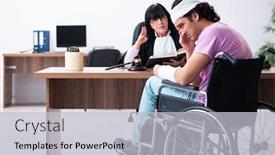  Presentation with litigation - Colorful PPT layouts enhanced with disabled-man-consulting-judge backdrop and a light gray colored foreground