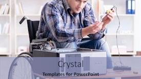  Presentation with wheelchair - Slide set having disabled-man-on-wheelchair-repairing background and a light blue colored foreground