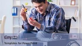  Presentation with wheelchair - Colorful presentation enhanced with disabled-man-on-wheelchair-repairing backdrop and a teal colored foreground