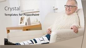  Presentation with 3d man sitting question mark - Presentation theme consisting of disabled-man-with-leg-brace background and a light gray colored foreground