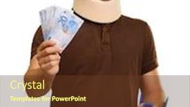  Presentation with euro - Colorful slides enhanced with disabled man with neck brace holding euro note isolated on white background backdrop and a tawny brown colored foreground