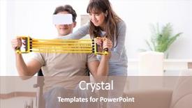  Presentation with elegant man in glasses optics - Presentation design featuring disabled man with virtual glasses background and a coral colored foreground