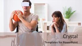  Presentation with elegant man in glasses optics - Colorful presentation enhanced with disabled man with virtual glasses backdrop and a coral colored foreground