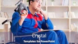  Presentation with working - Beautiful PPT layouts featuring disabled-man-working-with-handsaw backdrop and a ocean colored foreground