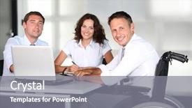  Presentation with disabled people - Beautiful theme featuring disabled people - businessman in wheelchair working backdrop and a gray colored foreground