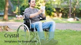  Presentation with man relaxing on massage table - Amazing PPT layouts having disabled people - disable man using a digital backdrop and a seafoam green colored foreground