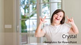  Presentation with rock star - Slide deck enhanced with disabled people - down syndrome woman at home background and a soft green colored foreground