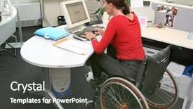  Presentation with working woman - Colorful slide deck enhanced with disabled people - handicapped woman in wheelchair backdrop and a dark gray colored foreground