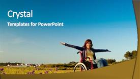  Presentation with wheelchair - Colorful PPT theme enhanced with disabled people - happy handicapped woman backdrop and a teal colored foreground