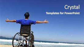  Presentation with people enjoying - PPT theme featuring disabled people - summer vacation man in wheelchair background and a ocean colored foreground