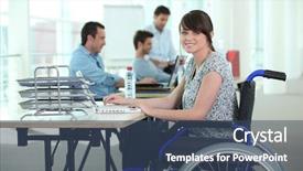  Presentation with wheelchair - PPT theme consisting of disabled people - woman in wheelchair with laptop background and a ocean colored foreground