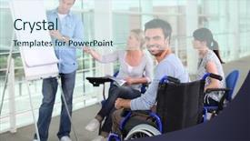  Presentation with disabled people - Amazing PPT theme having disabled people - working meeting backdrop and a sky blue colored foreground